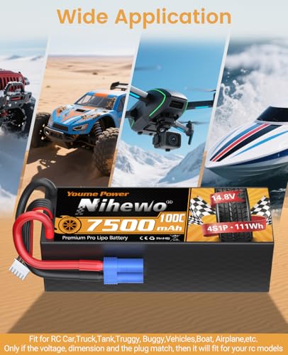4S Battery 14.8V 7500mAh 100C Hardcase EC5 for RC Truck Boat 2Packs | 4 Cell Lipo Battery Hard case, Durable for RC Car/Truck/Boat/Airplane/Drone; High Discharge; EC5 Plug Ready; 2-Pack Value