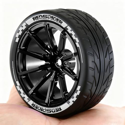 REDSPIDER 4PCS 1/10 RC Rally Tires and Aluminum Alloy Wheels, 12mm Hex Hubs 65mm OD On-Road RC Car Rims for Tamiya TT01 TT02 XV01, Traxxas, HPI, Kyosho, HSP PTG2 (Black) - color: Black