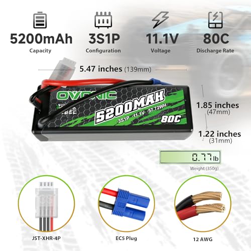 OVONIC 80C 3S 5200mAh 11.1V Lipo Battery with EC5 Connector for arrma 1/10, 1/8, 1/7Scale RC Cars and Trucks Buggy Truggy