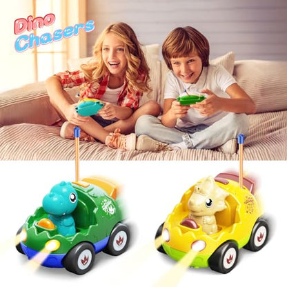 Kidz do 2 Pack Dinosaur Remote Control Cars for Toddlers 2 3 4 5 Years Old - Easter Birthday Gift Ideas for Boys Ages 2-5, Kids Dino Toys RC Vehicle with Lights and Music for Family Fun(Yellow Green) - color: Green&yellow