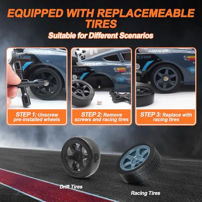 Dollox Remote Control Car 1/16 Scale RC Drift Car 2.4GHz 4WD High Speed 18+KM/H Vehicle with LED Lights and Spray, Extra Drifting Tires Racing Vehicle Toys Birthday Gifts for Adults Boys, 2 Batteries - color: Grey