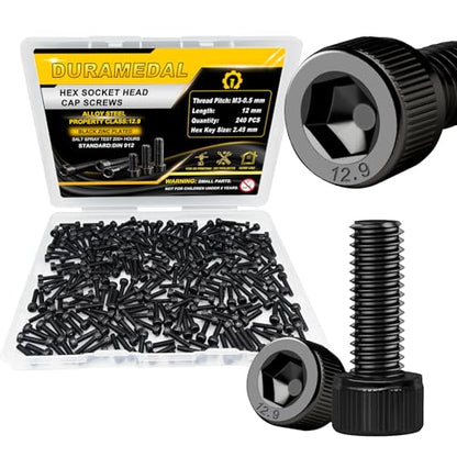 M3x12mm Screws 240pcs Hex Socket Cap 12.9 Steel Black Zinc Fully Thread | Allen socket drive head cap screws bolts fully thread machine screws - size: M3*12mm 240pcs