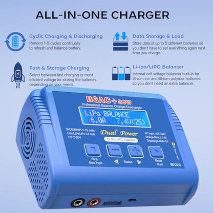 LiPo Charger 80W 6A Fast Balance Battery Chargers for RC Car Boat Drone | Smart Digital Battery Pack Charger Discharger for 1S-6S LiPo LiFe Li-ion 1-15S NiCD NiMH 2-20V PB Smart Battery Batteries