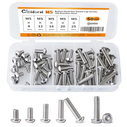 M5 x 8mm 12mm 16mm 20mm 25mm Button Head Socket Cap Screws Bolts, Stainless Steel 304, Metric Allen Hex Drive, Fully Threaded, Bright Finish, 50PCS - size: Button Head M5x8/12/16/20/25mm