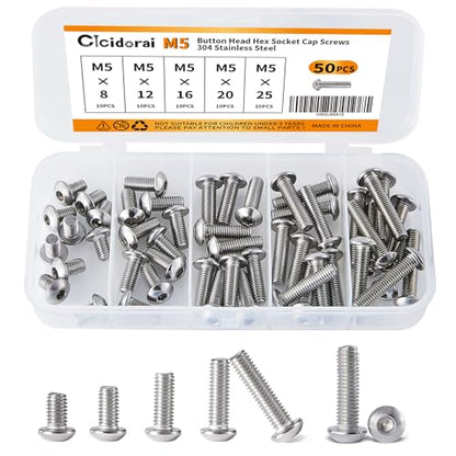 M5 x 8mm 12mm 16mm 20mm 25mm Button Head Socket Cap Screws Bolts, Stainless Steel 304, Metric Allen Hex Drive, Fully Threaded, Bright Finish, 50PCS - size: Button Head M5x8/12/16/20/25mm