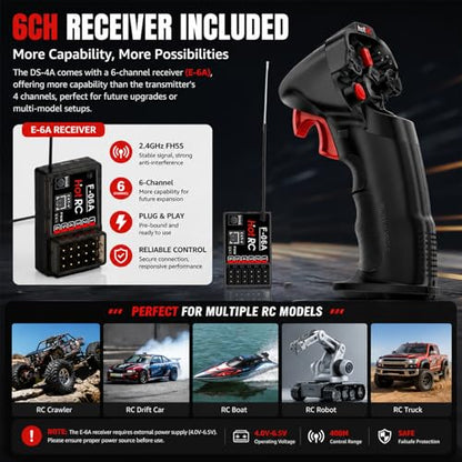 HOTRC DS-4A One-Hand RC Controller System with E-6A 6CH Receiver, 2.4GHz FHSS Transmitter with Cruise Control, Up to 400m Range for RC Crawler, Trail Truck, Drift Car, Boat and Robot