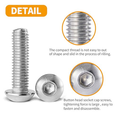 M5 x 8mm 12mm 16mm 20mm 25mm Button Head Socket Cap Screws Bolts, Stainless Steel 304, Metric Allen Hex Drive, Fully Threaded, Bright Finish, 50PCS - size: Button Head M5x8/12/16/20/25mm