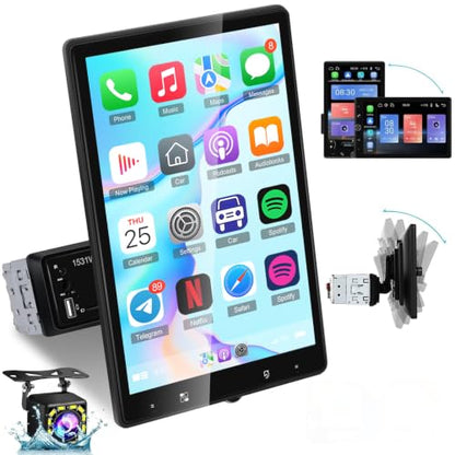 NHOPEEW Rotatable Single Din Car Stereo with Wireless Carplay and Android Auto - 10.4 Inch Vertical Touch Screen Car Radio - Bluetooth/Mirror Link/SWC/FM + 12leds Backup Camera & Microphone