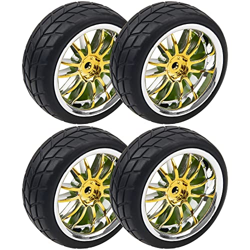 4Pcs 2.59in Rubber Tires & 12mm Hex Plastic Wheel Rims Set 14-Spoke w/Foam Compatible with Traxxas Kyosho HPI Tamiya Associated 1/10 RC On-Road Touring Car (Yellow) - color: Yellow