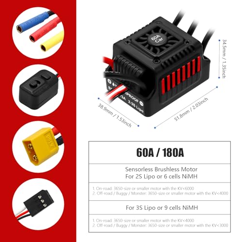 Waterproof S3650 4300KV Brushless Motor 3.175mm Shaft with 60A Sensorless Brushless ESC Electric Speed Controller Combo Set and Heatsink for 1/10 Remote Control Car Truck, Red - size: 4300KV Motor & 60A ESC &Heatsink