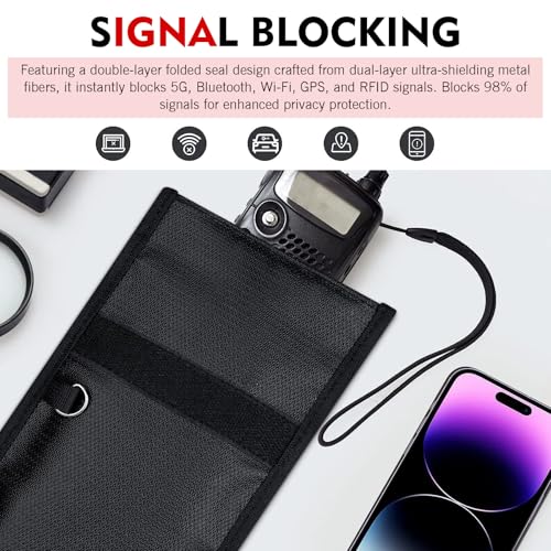 2 PCS Phone Faraday Bags, Water and Fireproof Signal Shielding Pouch for Phone Car Key Walkie-talkies, No Interference Foldable Storage Bag, WiFi/RFID/GPS Signal Jammer (Black)