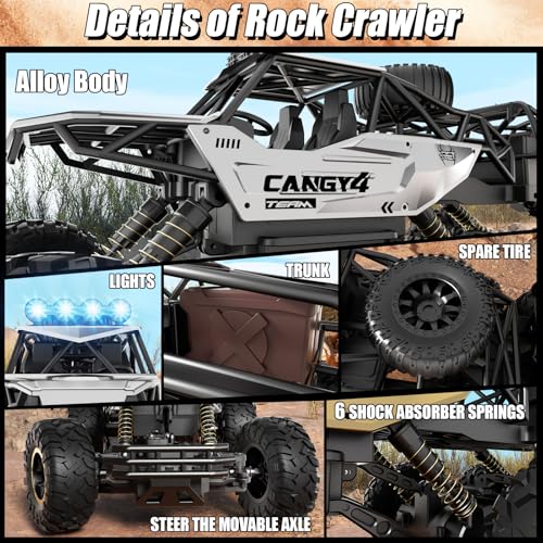 RC Cars, Remote Control Monster Truck - Rock Crawler RC Truck with 2 Rechargeable Batteries, Metal Body, Large Size & LED Headlights, Boy Toys for Kids Ages 4-7 8-12 Birthday Gifts - color: 6 Wheels Silver