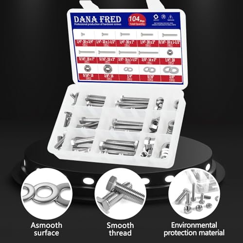 104pcs 304 Stainless Steel Bolts Nuts and Washers Kit,1/4-20,5/16-18,3/8-16 Hex Bolts Nuts Washers Assortment,15 Sizes Machine Screw Assortment Kit for Electronic Product, Small Repairs of Door Handle