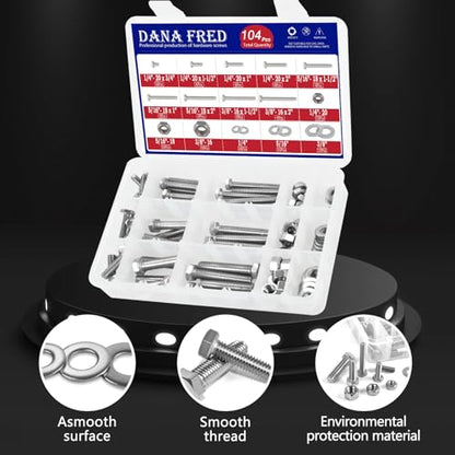 104pcs 304 Stainless Steel Bolts Nuts and Washers Kit,1/4-20,5/16-18,3/8-16 Hex Bolts Nuts Washers Assortment,15 Sizes Machine Screw Assortment Kit for Electronic Product, Small Repairs of Door Handle