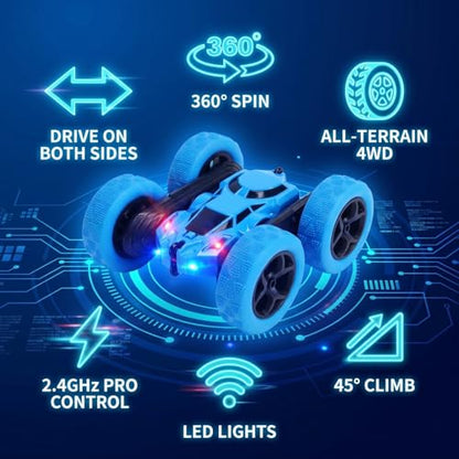 2.4GHz RC Stunt Car 4WD Double Sided Rollover Blue | TRP Tires for All Terrain, 360° Spin & Drift, 60 Min Total Play with 2 Batteries, USB-C Fast Charging, Gift for Teens Adults - color: Blue-standard