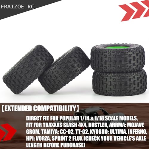 Pre-Glued 1/16 & 1/18 RC Truck Tires & Wheels - 12mm Hex 2.56" OD, Green | All-Terrain Tires for Traxxas Slash, ARRMA Mojave GROM, Tamiya, Kyosho, HPI - Durable Nylon Wheels for On/Off Road Bashing - color: Green