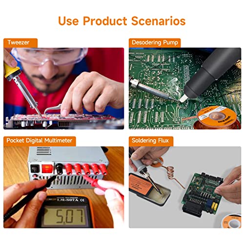 TOWOT Soldering Iron Kit, Electronic Soldering Iron 60W Adjustable Temperature, Deoldering Pump, Tin Wire, Solder Wick, Tweezers, Soldering Iron Tips Set, Soldering Iron Stand, Wire Strippers - style: Set A