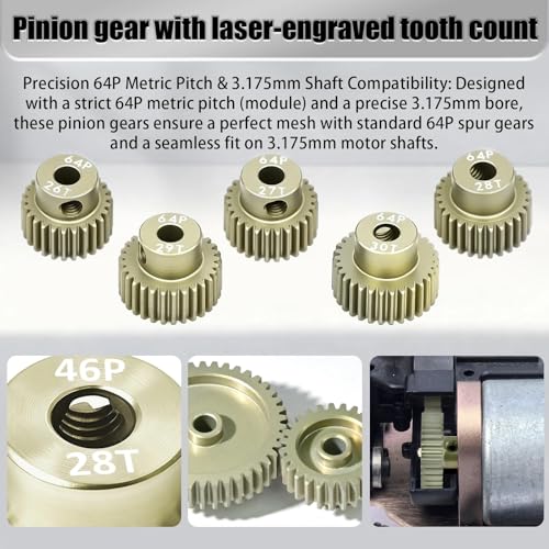 5Pcs 64P Aluminum Alloy Pinion Gear Set 3.175mm 26T 27T 28T 29T 30T Motor Pinion Gear W/ M4 Screw and Hex Key, Fit 3.175mm (1/8-Inch) Shaft, for Arrma HPI Kyosho Losi Axial Traxxas Tamiya 1/10 RC Car - size: 64P-3.175mm-26-30T
