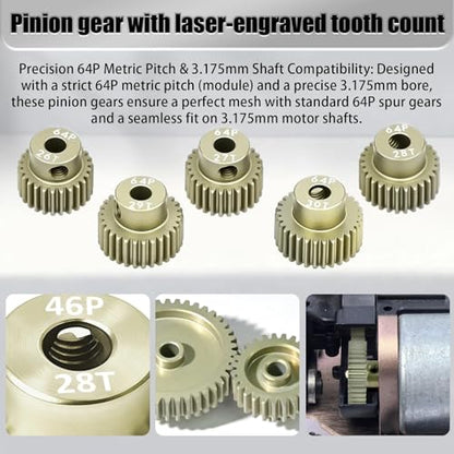 5Pcs 64P Aluminum Alloy Pinion Gear Set 3.175mm 26T 27T 28T 29T 30T Motor Pinion Gear W/ M4 Screw and Hex Key, Fit 3.175mm (1/8-Inch) Shaft, for Arrma HPI Kyosho Losi Axial Traxxas Tamiya 1/10 RC Car - size: 64P-3.175mm-26-30T