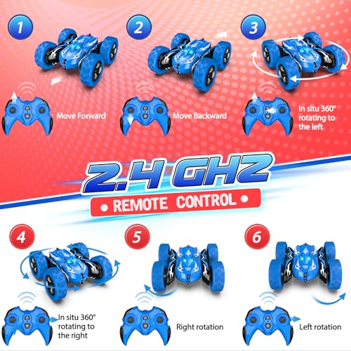 Excitobo Remote Control Car,RC Cars for 4 5 6 7 8 9 10 11 12 Year Old Boy Double Sided 360°Flip 4WD Rechargeable Drift RC Race Car Boys Toys Birthday Gifts Easter Basket Stuffers for Kids Age 4-12 - color: Blue