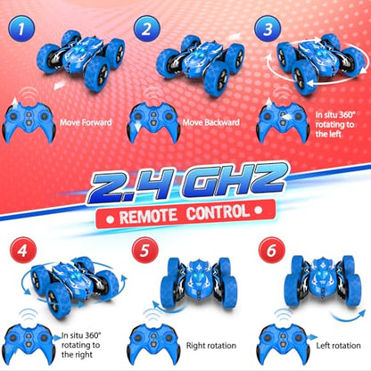 Excitobo Remote Control Car,RC Cars for 4 5 6 7 8 9 10 11 12 Year Old Boy Double Sided 360°Flip 4WD Rechargeable Drift RC Race Car Boys Toys Birthday Gifts Easter Basket Stuffers for Kids Age 4-12 - color: Blue