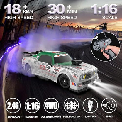 RC Drift Car 1:16 Scale 4WD High Speed Remote Control Cars Vehicle 2.4GHz with LED Lights Two Batteries and Drifting Tires Racing Sport Toy Cars for Adults Boys Girls Kids - color: F-green