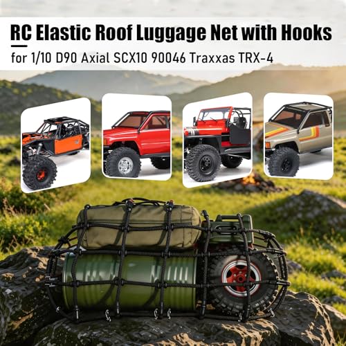 1/10 RC Elastic Cargo Net 19×12cm with Hooks, Scale Luggage Net for TRX4 | Compatible with TRX4 SCX10 D90 Axial 90046 1/10 RC Crawler Truck Accessories (Black) - color: Black