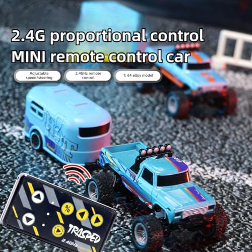 Mini RC Car, 1/64 Scale Mini Remote Control Monster Truck with Trailer, 2.4Ghz & APP Remote Control Rechargeable Alloy Shell RC Cars with Lights, Speed/Steering Adjustable (Gray) - color: Gray