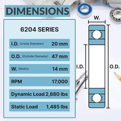 PGN 6204-2RS (100 Pack) Ball Bearing 20x47x14mm Chrome Steel Sealed - size: 100