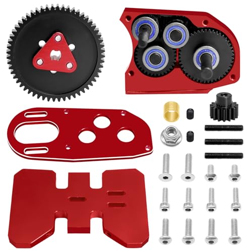 OGRC 2.Low Transmission 30% Overdrive Complete Gearbox for SCX10 Upgrades | Aluminum Housing, Steel Gear, with Skid Plate and 15T Pinion Gear, for Axial SCX10 RC Crawler Car, Red - color: Red