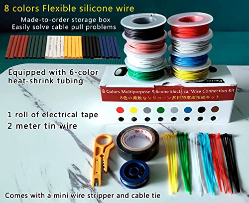 26AWG 8 Colors Silicone Electrical Wire Kit Hook Up Cable for Electronics DIY Working Solid Wire Spool and Lamps, Home Appliances, Batteries, Electronic, etc. Included Tools (8x33ft Solid) | DIY Working Solid Wire Spool and Lamps, Home Appliances, Batteri