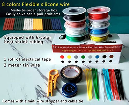 26AWG 8 Colors Silicone Electrical Wire Kit Hook Up Cable for Electronics DIY Working Solid Wire Spool and Lamps, Home Appliances, Batteries, Electronic, etc. Included Tools (8x33ft Solid) | DIY Working Solid Wire Spool and Lamps, Home Appliances, Batteri