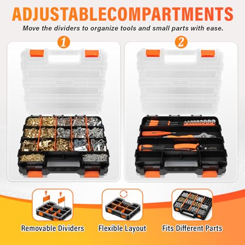 DIYSELF Screw Organizer, Double-Sided 34-Compartment Small Parts Organizer | Hardware Organizers with Adjustable Space, Clear-Lid Compartment Storage Box for Hardware, Crafts, Beads, Nuts and Bolts - size: 1 Pack