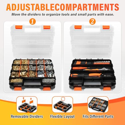 DIYSELF Screw Organizer, Double-Sided 34-Compartment Small Parts Organizer | Hardware Organizers with Adjustable Space, Clear-Lid Compartment Storage Box for Hardware, Crafts, Beads, Nuts and Bolts - size: 1 Pack