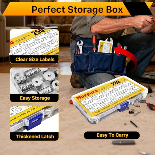 250PCS Flat Washers Assortment Kit, 304 Stainless Steel Washers | Fender Washers, 15 Sizes (M3 M4 M5 M6 M8 M10 M12) Metric Metal Washers for Screws and Bolts, Automotive Industrial Home Use - style: 250PCS (Metric)