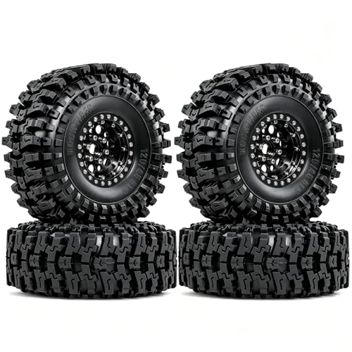 1/10 RC Crawler Tires and Wheels, 1.9" 120mm Rubber Rock Crawler Tires with Beadlock Rims, 4PCS RC Tires for Axial SCX10 TRX-4 1/10 Scale RC Off-Road Trucks (Black) - color: Black