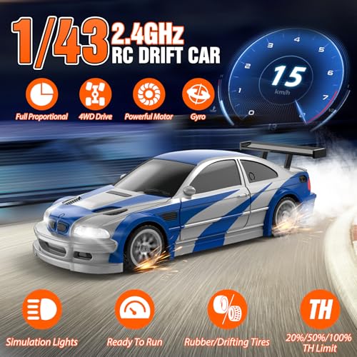 RC Drift car, 1/43 Mini Rc Drift car with Gyroscope, 2.4GHz Full Proportional Remote control Cars, 4WD High Speed Racing with Lights, Racing Tires, Model Cars Gift for Adults, Kids, Boys, Girls - color: Blue
