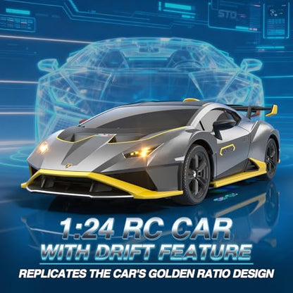 Axirata Lamborghini Remote Control Car 1:24 Scale Lambo Toy Car（Gray） | Officially Licensed Lamborghini Toy Car 25KM/H Fast RC Drift Car with LED Light 2.4GHz RC Car for Boys Girls Birthday Gifts