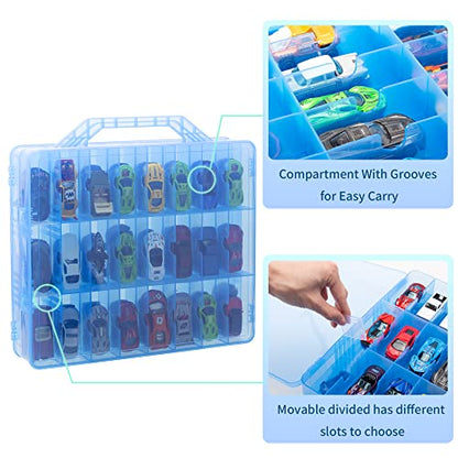 Double Sided Storage Case for 48 Cars, Matchbox Cars, Mini Toys, Small Dolls - Portable Transparent Case (Blue) - color: Blue-48