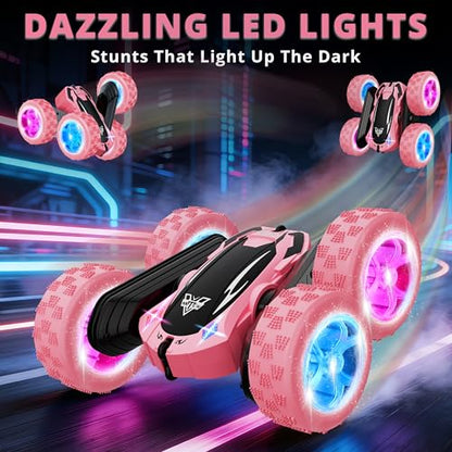 Remote Control Car, 2.4GHz RC Stunt Car, Double Sided Rotating RC Cars | LED Headlight & LED Wheel, 360° Flips High Speed Off Road RC Crawler Xmas Gift for 5 6 7 8-12 Year Old Girls Toys (Pink) - color: Pink