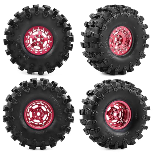 2.2" Beadlock Wheel Rims and Rubber Crawler Tires 150mm (5.91in) for 1/10 RC Crawler SCX10 RBX10 Wraith TRX4 (Red) - color: Red