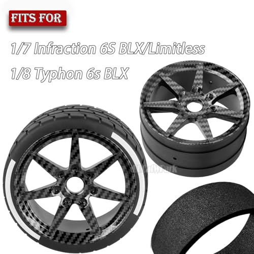 RC Highway Tires Wheel for 1/7 Infraction 6S BLX/Limitless,1/8 Typhon 6s BLX,7 Spokes Wheel Rim & Rubber Highway Tires RC Drift Tires,Black Carbon Surface (New) - color: (Black)carbon Surface - (4pcs Highway Tires)