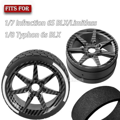 RC Highway Tires Wheel for 1/7 Infraction 6S BLX/Limitless,1/8 Typhon 6s BLX,7 Spokes Wheel Rim & Rubber Highway Tires RC Drift Tires,Black Carbon Surface (New) - color: (Black)carbon Surface - (4pcs Highway Tires)