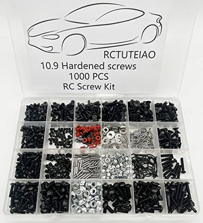 1000pcs Universal RC Screw Kit Screws Assortment Set, Hardware Fasteners for Traxxas Axial Redcat HPI Arrma SCX10 Losi 1/8 1/10 1/12 1/16 Scale RC Cars Trucks Crawler, RC Screw Kit, Body Clips Pins
