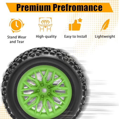 Pre-Glued 1/16 & 1/18 RC Monster Truck Tires, Soft Rubber Tire and Nylon Wheels Rims with 12mm hex Compatible with ARRMA 1/18 Granite/Typhon Grom, WLtoys A949, MJX Hyper Go H16 RC Buggy, 4PCS (Green) - color: Green
