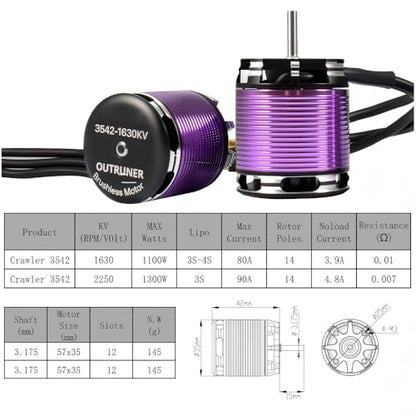 3542 Outrunner Brushless Motor with 80A AM32 ESC, 1630KV/2250KV Options, Compatible with 1/10 and 1/12 RC Crawler Cars (1630KV) - color: 1630KV