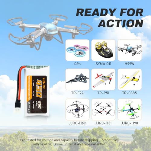 3.7V Lipo Battery 450mAh High Capacity 25C RC Molex Drone Battery with 5-in-1 Charger for SYMA Q11 AT-96 TR-C385 TR-P51 TR-F22 H99W H31 H6C H98 Holy Stone HS170G HS170 HS170C HS230 Quadcopter