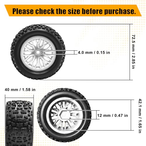 Pre-Glued 1/16 & 1/18 RC Monster Truck Tires, Soft Rubber Tire and Nylon Wheels Rims with 12mm hex Compatible with ARRMA 1/18 Granite/Typhon Grom, WLtoys A949, MJX Hyper Go H16 RC Buggy, 4PCS (White) - color: White