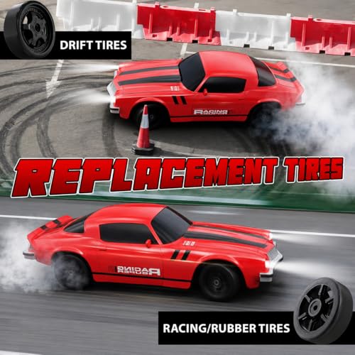 RC Drift Car Remote Control Car 2.4GHz 1/24 4WD 15KM/H High Speed Racing Sport with LED Lights Drifting Tire Racing Sport Toy for Adults Boys Girls Kids Gift 2Pcs Rechargeable Batteries - color: Red