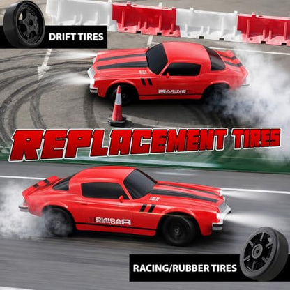 RC Drift Car Remote Control Car 2.4GHz 1/24 4WD 15KM/H High Speed Racing Sport with LED Lights Drifting Tire Racing Sport Toy for Adults Boys Girls Kids Gift 2Pcs Rechargeable Batteries - color: Red